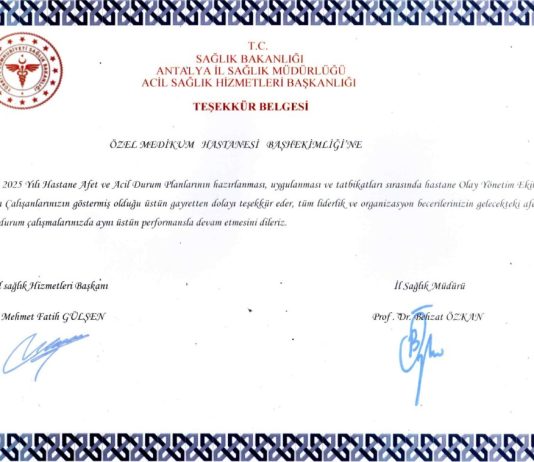 Özel Medikum Hastanesi’ne Anlamlı Teşekkür Belgesi